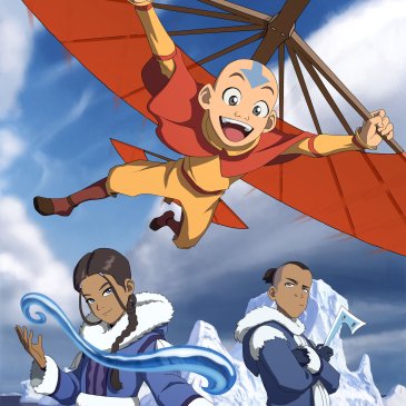 Aang flying, katar on the left and sokka on the right